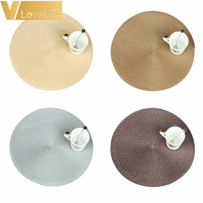 

Round Table Mat Weave Placemat Fashion PP Dining Table Mat Disc Pads Bowl Pad Coasters Waterproof Table Cloth Pad 38cm Diameter