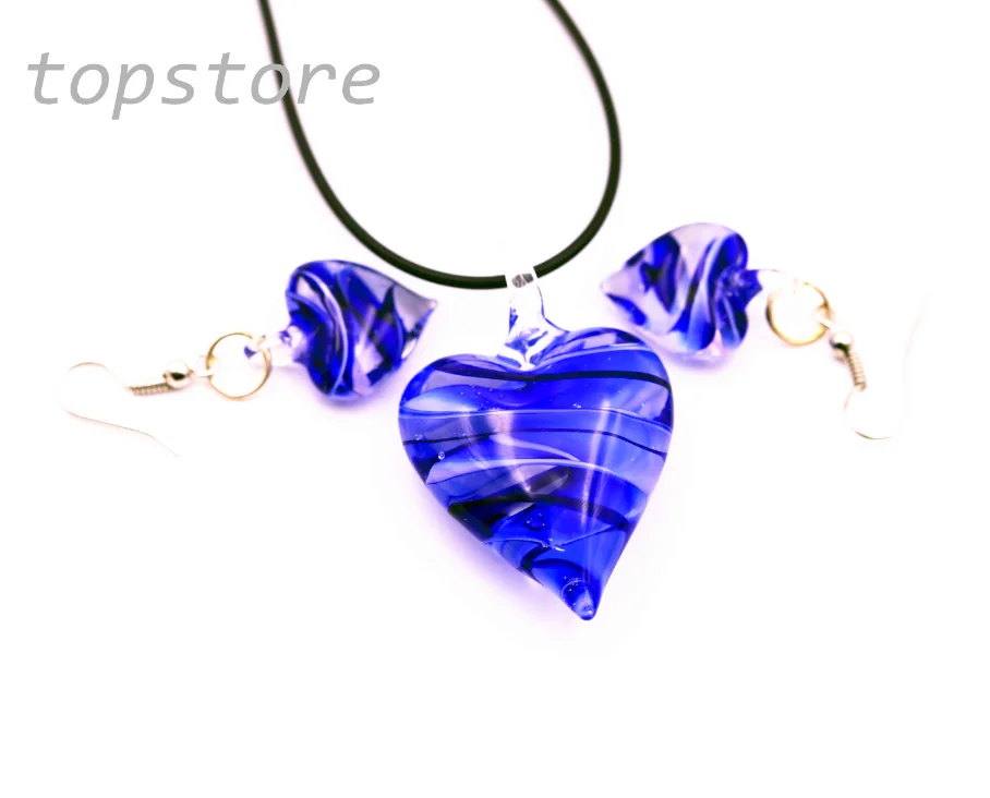 

12 Sets/Lot Heart Blue Murano Lampwork Glass Bead Pendant Earrings CHIC