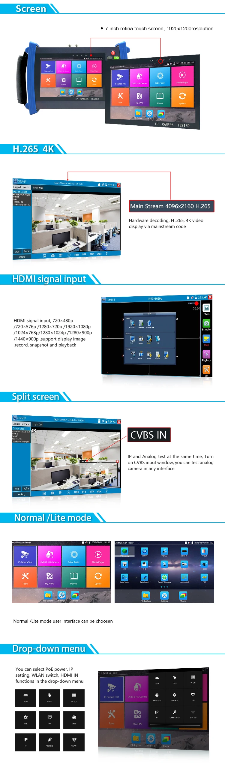 IP+ AHD+ TVI+ CVI+ SDI+ CVBS HD тестер систем Скрытого видеонаблюдения с дисплеем 7 дюймов Профессиональный Многофункциональный все в одном портативный детектор для безопасности HDMI in