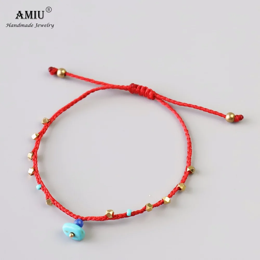 

2019 AMIU Handmade Copper Bead Bracelet Wax Thread Geometric Charm Natural Stone Red Rope Bangles For Women Men Beads Bracelets