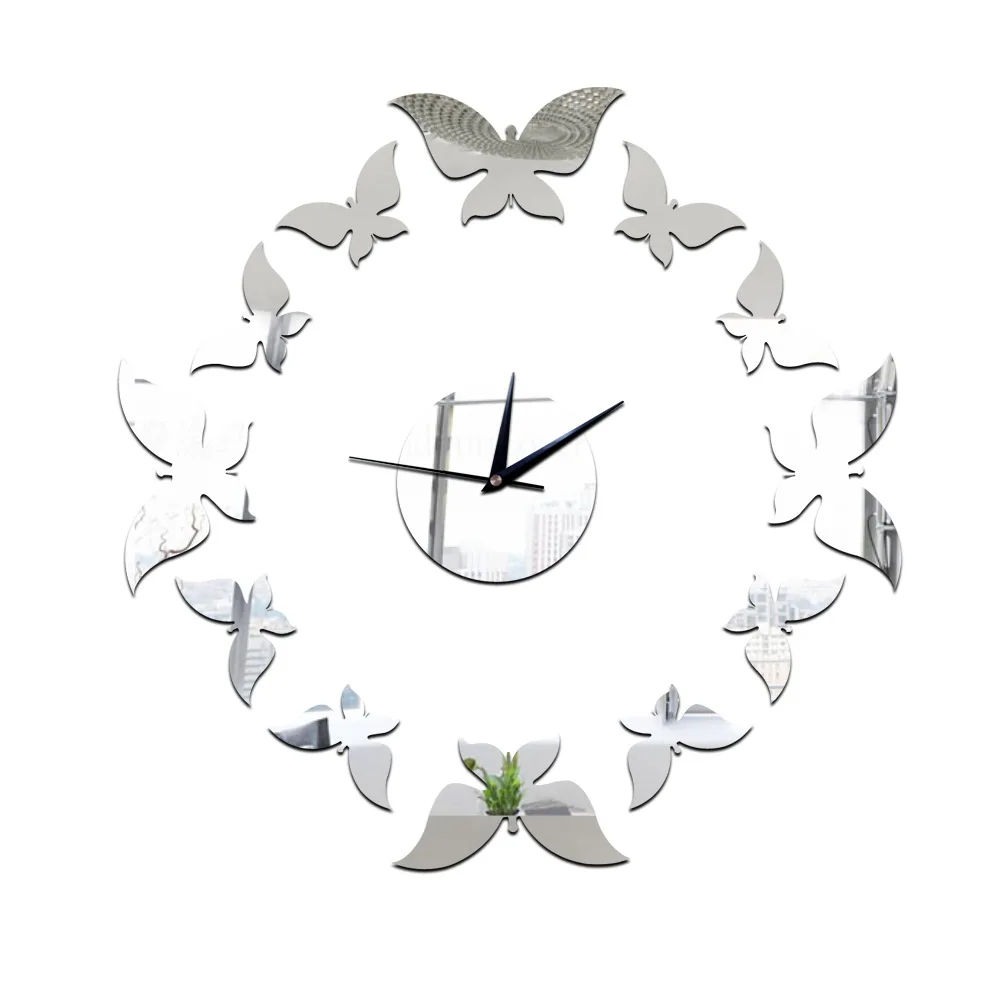 Gankmachine Orologio da Parete del Fiore di Farfalla 4D Acrilico Specchio Adesivi Arte Moderna Home Decor Argento 