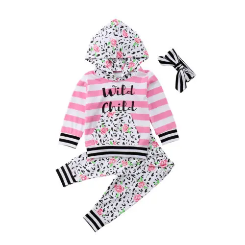 

3pcs Baby Girl Infant Winter Outfit Clothes Long Sleeve Striped Tops Hoodies+Floral Pant Set