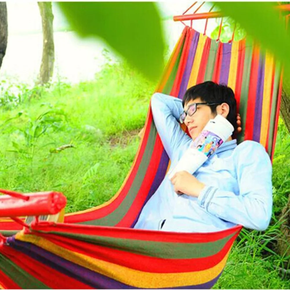 

Canvas Multi Stripe Single Hammock Swing Sleeping Bed Spreader Bar 190x80cm