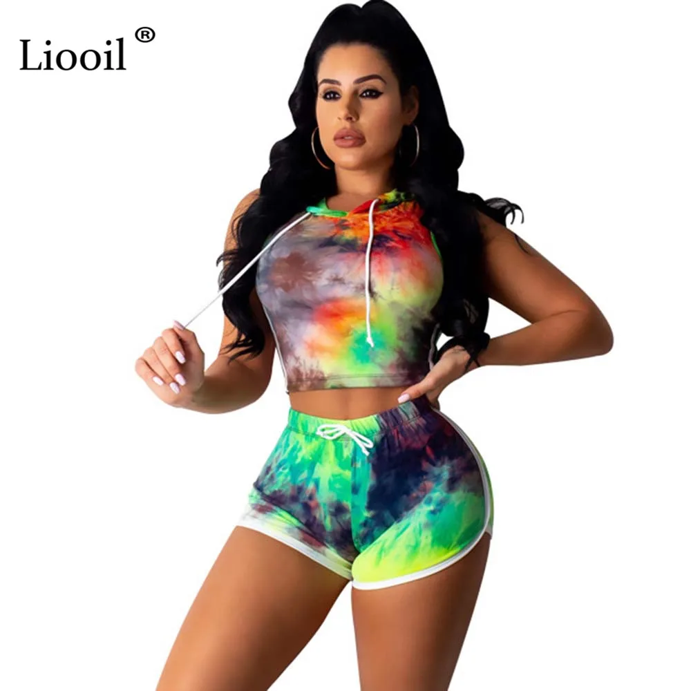 

Liooil Tie Dye Two Piece Stripe Set For Women Tracksuit Sexy Hooded Crop Top And Biker Shorts Club Outfit 2019 Print Tight Sets