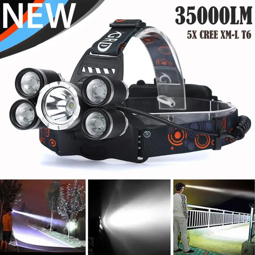 35000LM 5x CREE XM-L T6 LED Headlamp Headlight Flashlight Head LightLamp flashlight 1865 Tactical Weapon Light for hunting DEC22 | Спорт и
