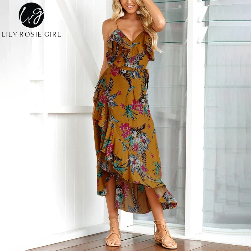 

Lily Rosie Girl Ruffles Leaf Summer Dress Bow Print Boho Beach Dresses Spaghetti Strap V Neck Women Dress Vestidos