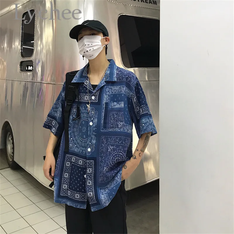 

Lychee Streetwear Paisley Bandana Blue Print Lady Blouse Spring Summer Turn Down Collar Short Sleeve Loose Women Blouse Shirt