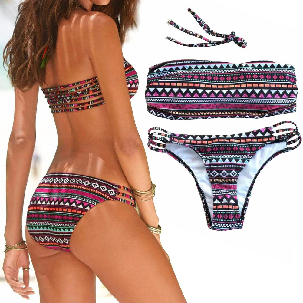 

Women Summer Print Swimsuit Tube Top with Panties Low Waist High Elastic Tankinis SMN88