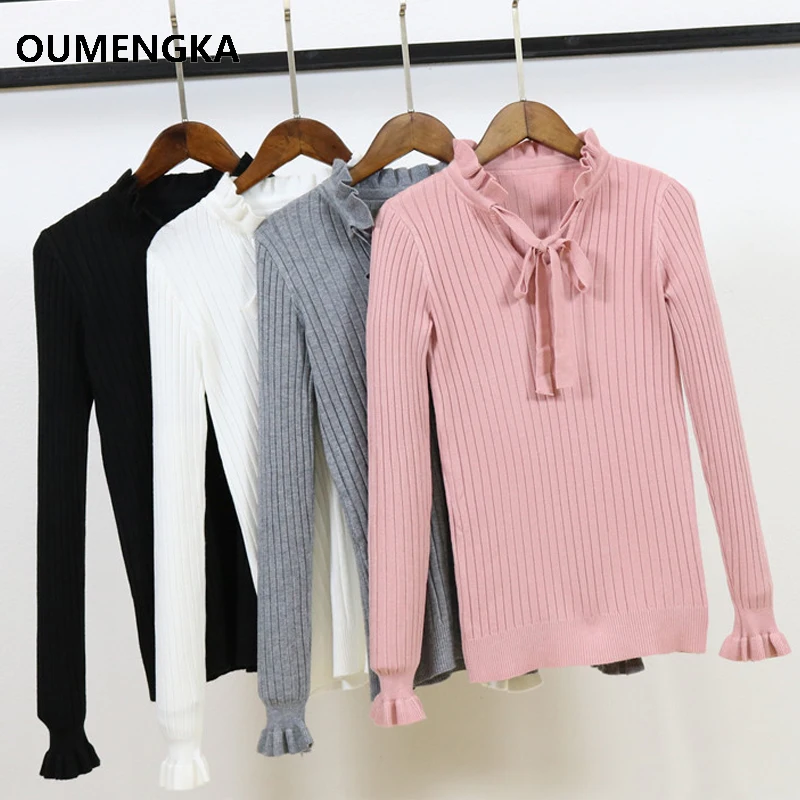 Casual Slim Sweater Women 2018 Autumn Knitting Pullovers Lace Up Long Flare Sleeve Ruffle Knitting Pullover Winter Woman Sweater Sweaters
