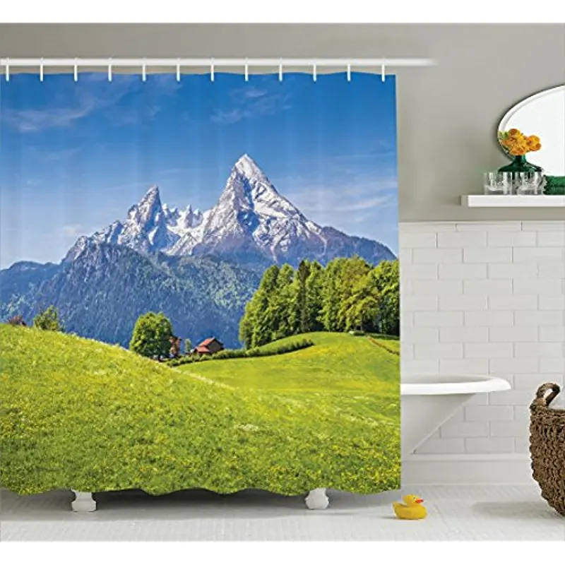 

Vixm Nature Decor Shower Curtain Pastoral Landscape in Alps with Meadow Flowers Northern German Heaven Bath Curtains