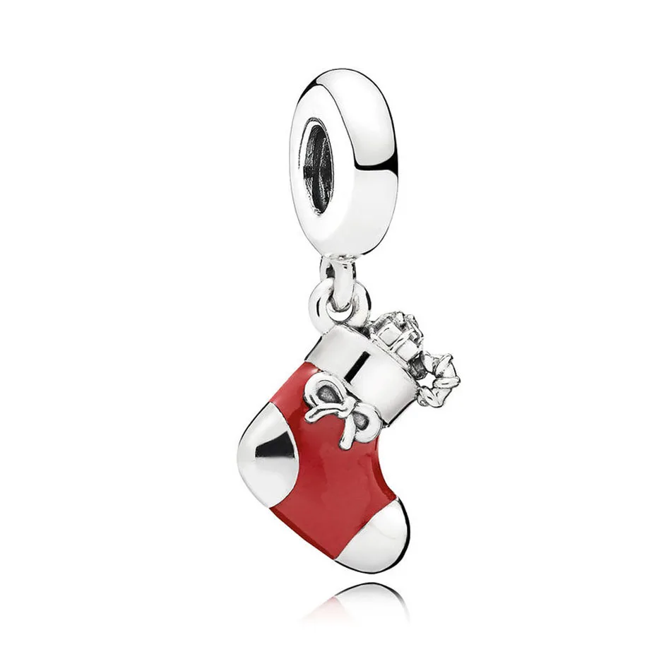 

925 Sterling Silver DIY Jewelry Festive Stocking Dangle Charm fit Pandora Bracelet Bangle Berry Red Enamel