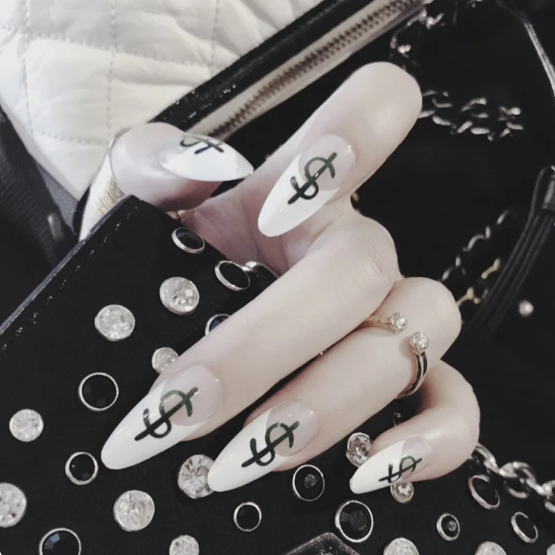 

Girls DIY Simple Fashion Fake Nail Women Money Design White Color Artificial Nail Long Size Full Cover Nail Sticker With Glue