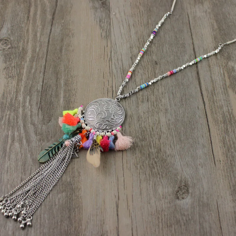 2017 New arrival Fashion Handmade Colorful Tassel Long Chain tassel Drop Tibet Silver pendant
