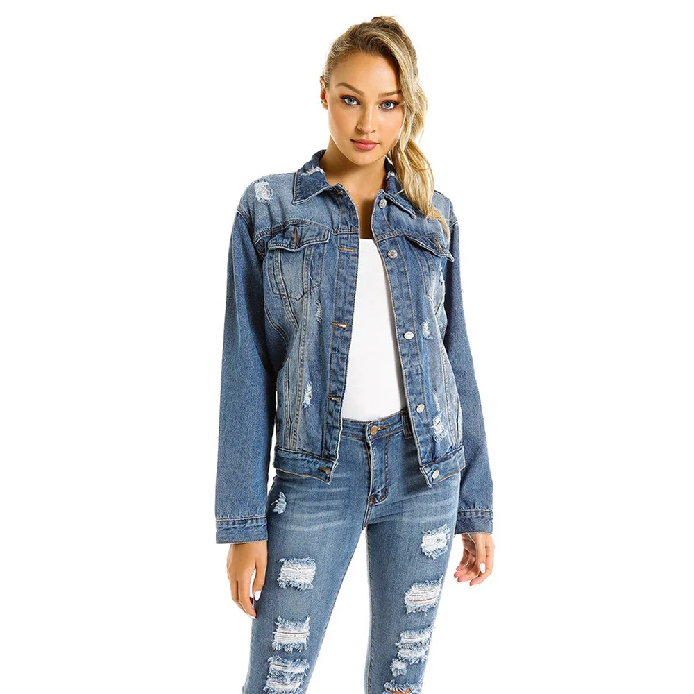 Women's Distressed Ripped Button Front Stretch Casual Jacket Jean Coat ...