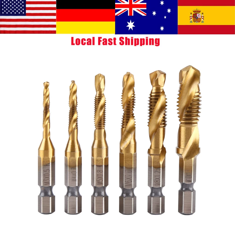 

6Pcs/Lot M3-M10 Titanium Coated Drill and Tap Bit Metric Thread HSS Screw Tap 1/4" Hex Shank Tapping Tool High Quality