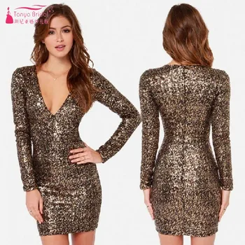 

TANYA Gold Sequins Short Mini Cocktail Dresses Straight V Neck Sexy Simple Women Party Dress Gown In Stock JQ230