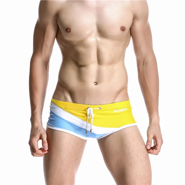 Сексуальная Мужская купальная одежда, шорты спортивные трусы с низкой талией купальники мужские пляжные шорты для серфинга Плавки Шорты Гей пенис - Цвет: Цвет: желтый