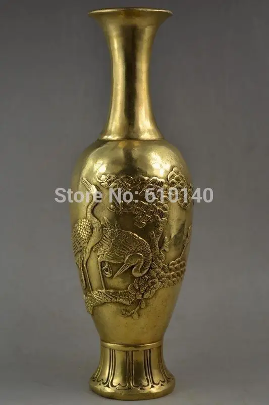 

Old Decorated Handwork Copper Carving Red Crown Crane On the Branches Noble Vase