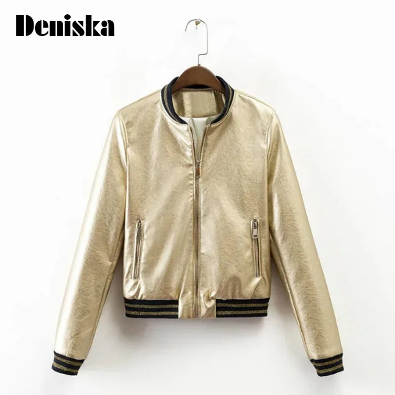 2017 Brand Designer Sliver Gold Bomber Jacket Women Basic Coats Striped