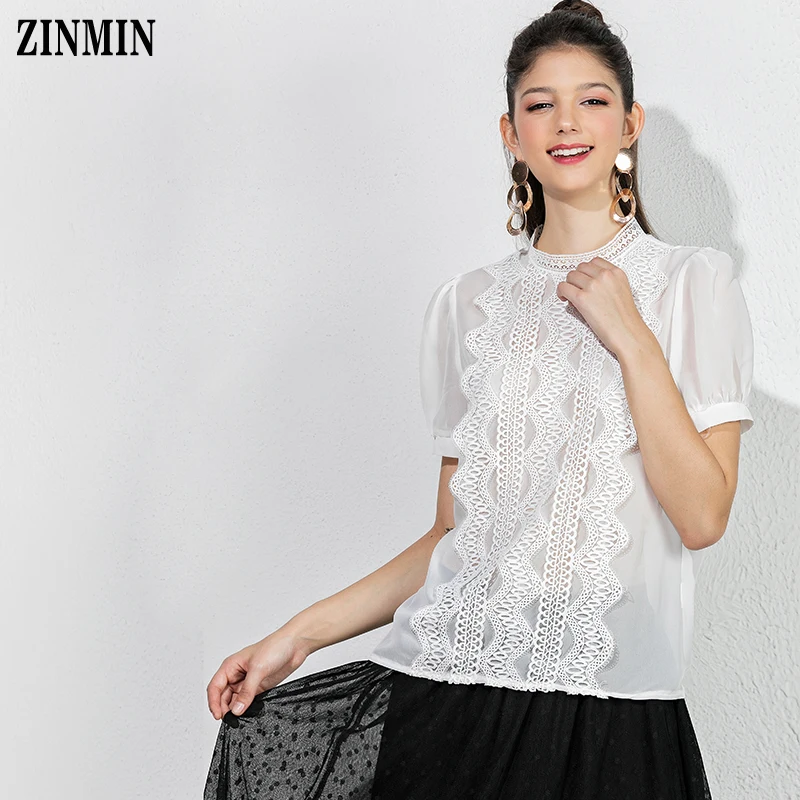 

ZINMIN White Lace Chiffon Blouse Summer Short Sleeve Office Lady Casual Work Shirt Women Lace Up Female Blouse