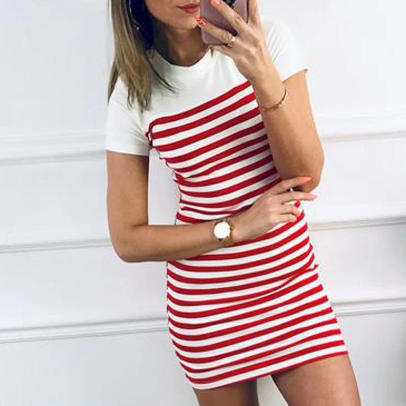 

Summer Dress Women Short Sleeve Bodycon Dresses Striped Summer Casual Round Neck Shirt Sundress Sheath Slim Dress Dropshipping