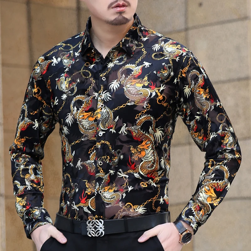 New arrival cutout dragon male gold velvet long sleeve shirt casual