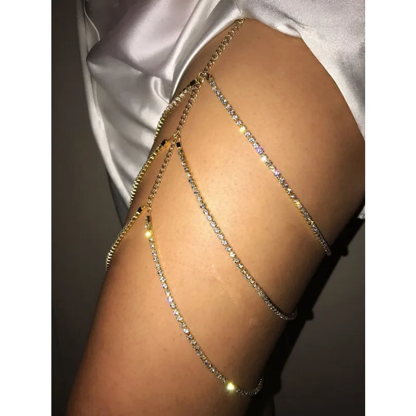 Rhinestones Leg Thigh Chain Shiny Women Sexy Body Chain Leg Thigh Harness Jewelry Beach Multi Layers Gold Color Chains leg thigh chain jewelry