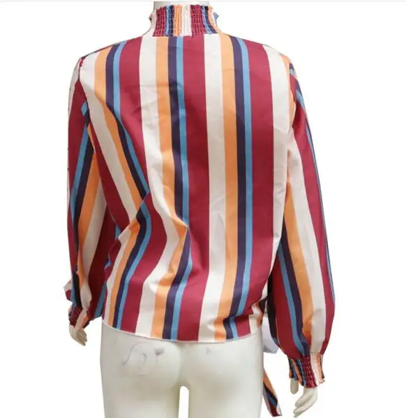 2019 New Fashion Women Stand Collar Stripe Printing Bandage Long Sleeves Tops Bluses korean style