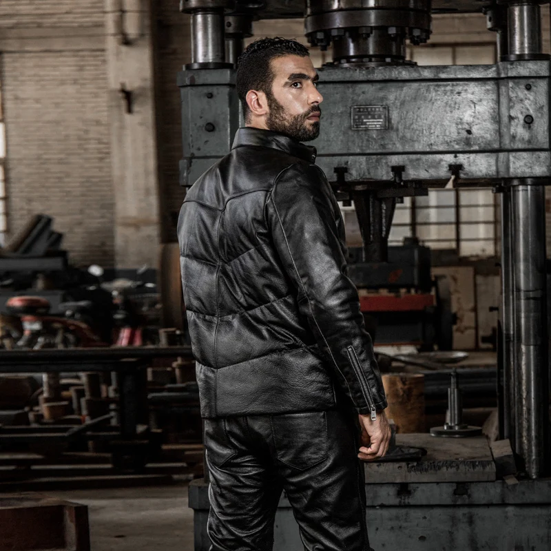 Seller european size high quality super warm genuine cow skin leather jacket mens big size cowhide leather down jacket HA-5