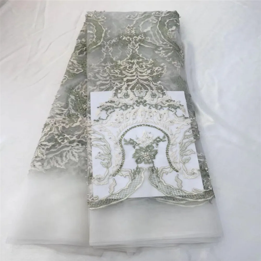 HFX Latest beaded lace fabric for wedding dress gray color african