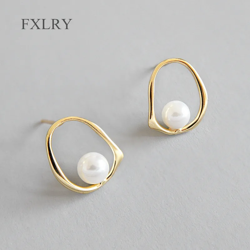 

FXLRY Hot Selling S925 Sterling Silver Simple Hollow Irregular Geometric Pearl Stud Earrings For Women To Gift