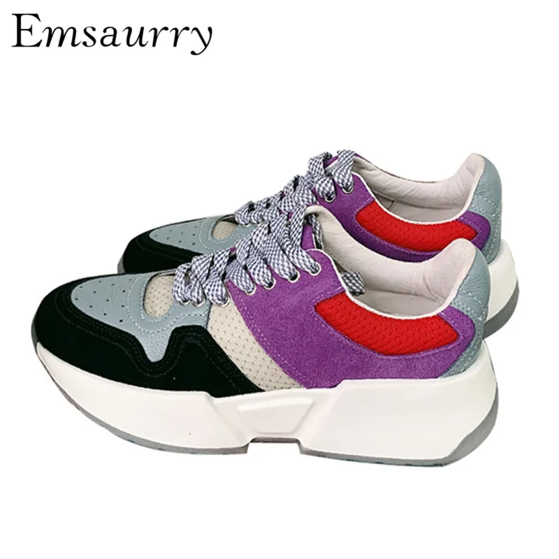 

New 2019 Spring Casual Sneakers Women Thick Bottom Round Toe Mixed Color Patchwork Cross-tied Casual Shoes Woman