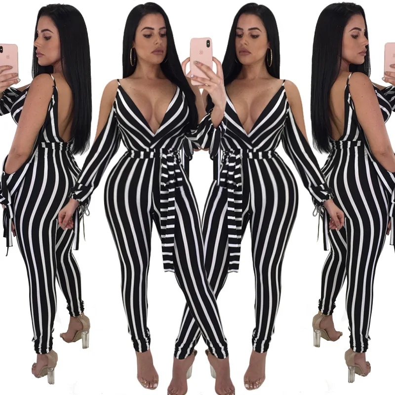 YINGLIZI 2019 new spring and summer hot women's deep v jumpsuit sexy strapless straps striped Siamese women's clothing