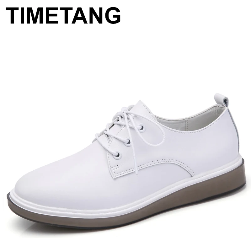 

TIMETANG Women Genuine Leather Flats Brogue Shoes Oxford White Black Lace Up shoe Pointed Toe Ladies Casual Shoes Zapatos Mujer