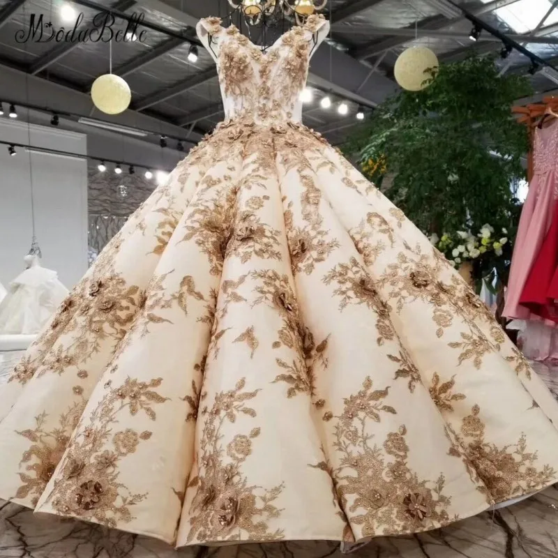 Modabelle роскошное Золотое свадебное платье цвета шампанского, 3D Цветочное платье с жемчугом и вышивкой, бальное платье с v-образным вырезом на спине