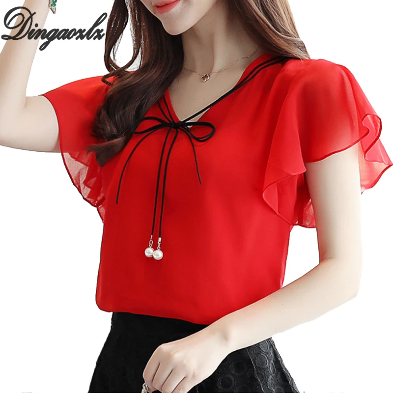Dingaozlz blusa feminina Summer Tops For Women Casual Ruffles Chiffon Blouse shirt Solid color Plus size clothing 4XL Dingaozlz blusa feminina Summer Tops For Women Casual Ruffles Chiffon Blouse shirt Solid color Plus size clothing 4XL