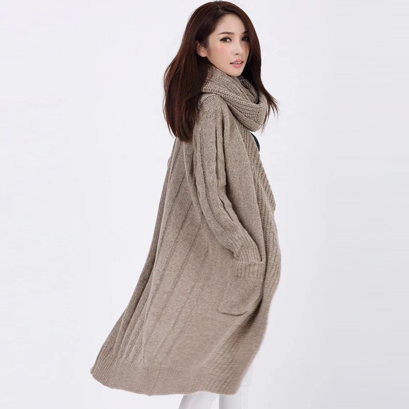 Mode bleu Col Femmes Chandails vêtements Trench Lâche Écharpe Femme Long Cardigans Tricot Chic 2016 Manteau noir Épais Avec Automne Beige Casual pRZqnOPf