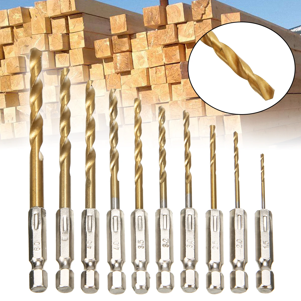 10PCS 1.5-6.0mm HSS Titanium Coated Twist Drill Bit Set Woodworking Metal Tool Hexagonal Drill Bits Cordless Screwdriver