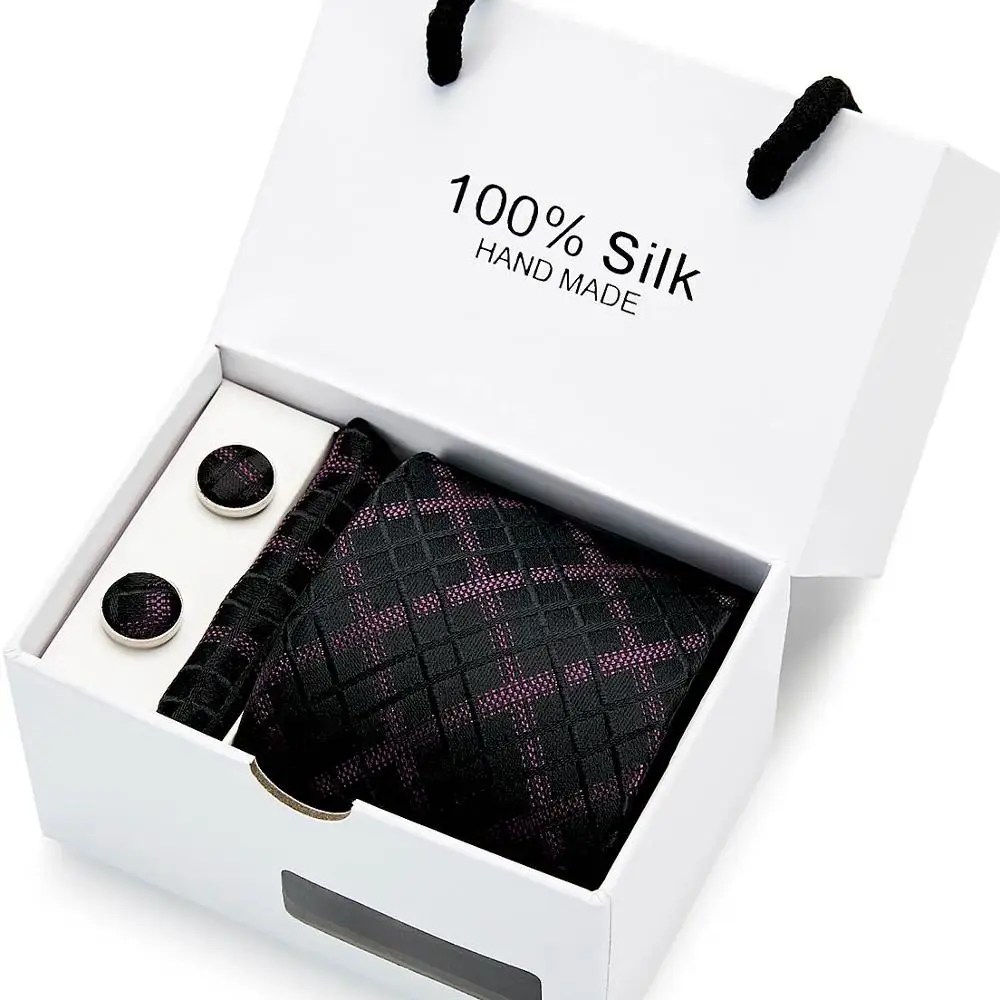 

Gift box 3PCS Men's Plaid Tie Handkerchief Set Black Floral 8cm Necktie Pocket Square Tie Clip Red For Men Wedding Accessories