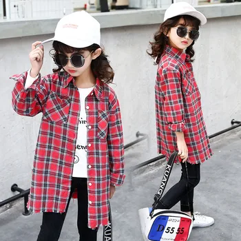 

girls shirt spring and autumn children long shirt 4-15 year old girl checkered shirt Fringe hem,hot Double pocket