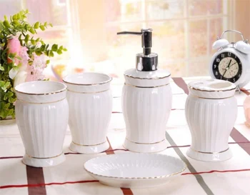 

Exquisite 5Pcs Ceramics Bathroom Accessories Set Soap Dispenser/Toothbrush Holder/Soap Dish Cotton Swab Bathroom Products LFB276