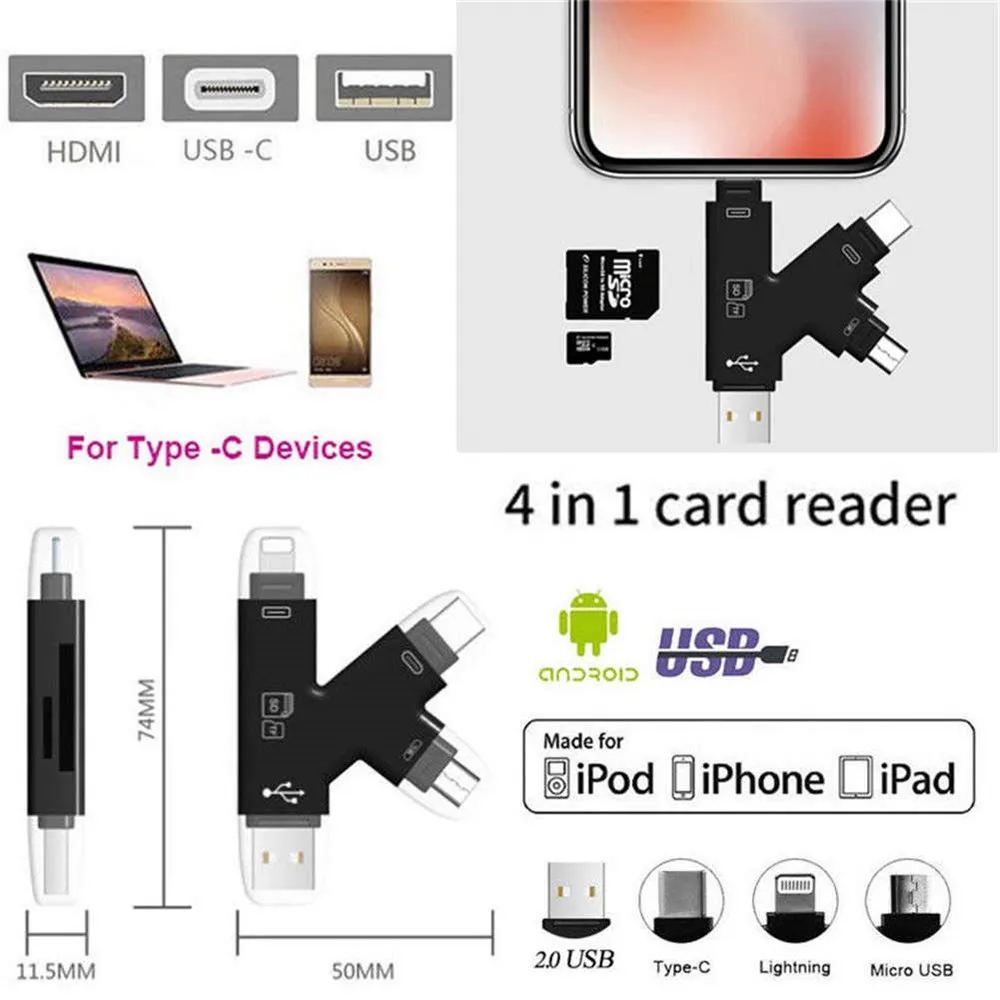 Новый 4 в 1 Micro SD и TF Card Reader USB C Тип адаптер OTG Картридер для iPhone XS max/XS/X/7 8 плюс Android Phone