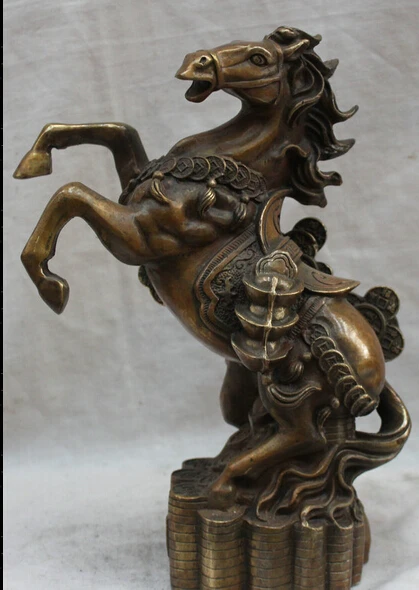 

free shipping JP S62 11" China Chinese Folk Fengshui Copper Stand Fu Zodiac Year Horse Wealth Statue