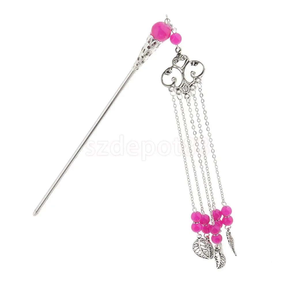 Solid Metal Tasel with Beads Stick Pin Hanfu Dress Ancient Chinese Cosplay Drama Girls Cute Hair Pin