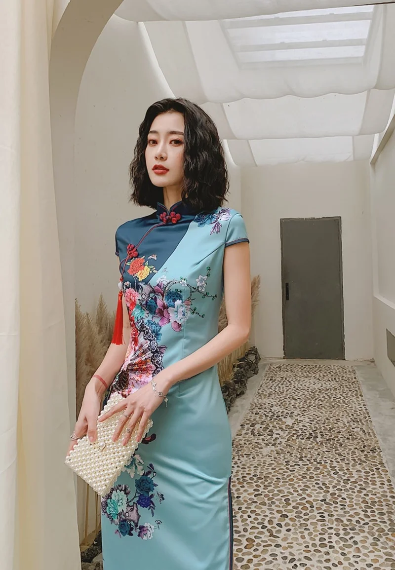 Традиционное китайское шелковое платье Ципао с длинным цветочным принтом и коротким рукавом, сексуальное восточное платье в китайском стиле, платье Ципао AA4759