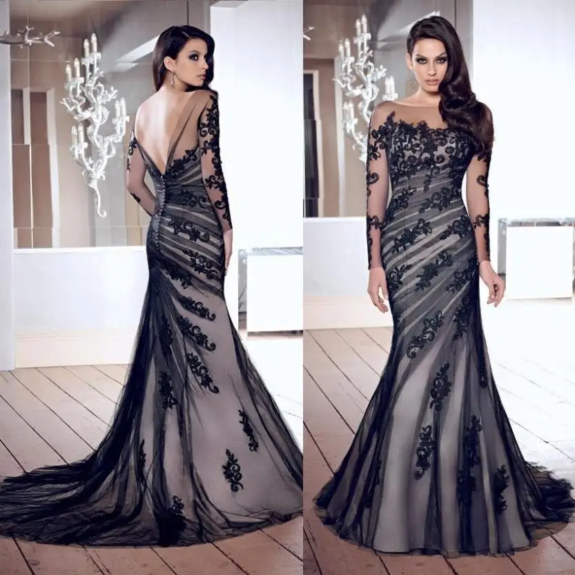 

Elegant Vestido De Noche Appliques Long Sleeve Low Back Tulle Black Lace Nude Evening gown 2018 mother of the bride dresses