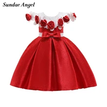 Белый ангел платье принцессы с цветочным узором для девочек свадебные вечерние платья с круглым вырезом и кружевным поясом, бальные платья с бантом