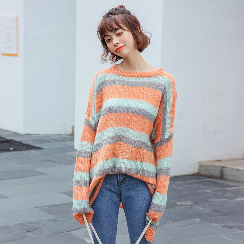 Casual Women's Sweaters Japanese Harajuku Ulzzang Contrast Striped