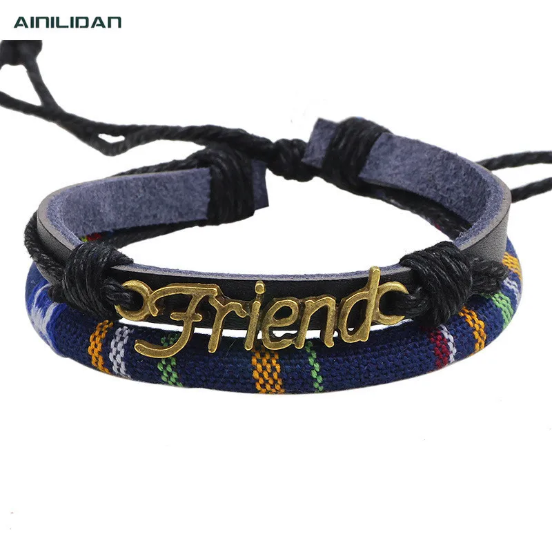AINILIDAN New Fabric Art Wax Rope Woven Bracelets Wristband Vintage Bronze Friend Genuine Leather Bracelet Bangles | Украшения и