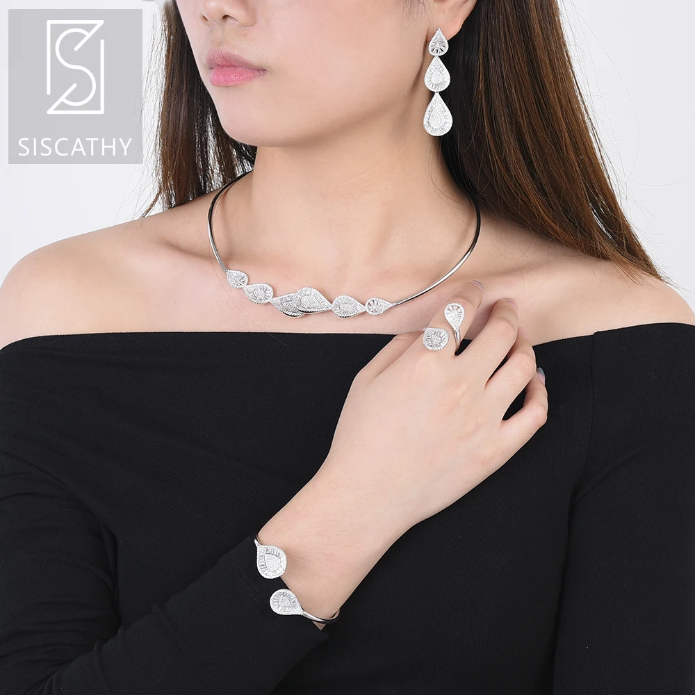 

SISCATHY Fashion Waterdrop Cubic Zirconia Resizable Necklace Bracelet Ring Earrings Jewelry Set For Women Wedding Wear